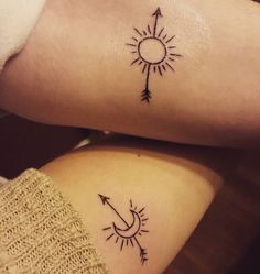 two tattoos on the legs of people with sun and arrow tattoo designs on their thighs