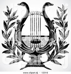 an antique black and white image of a harp with two birds on it, surrounded by leaves