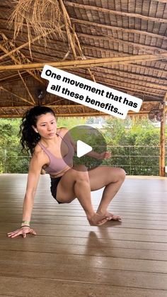 a woman is doing yoga on the floor with an ad above her head that reads, one movement that has all these benefits