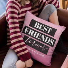 Modern BFF friendship pillow featuring a girly pink glitter effect background, modern bold black boxes, the words "best friends forever", you and your besties name, and the year you became friends.