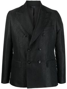 black wool blend patterned jacquard tailored cut peak lapels double-breasted button fastening long sleeves buttoned cuffs chest welt pocket two front flap pockets English rear vents