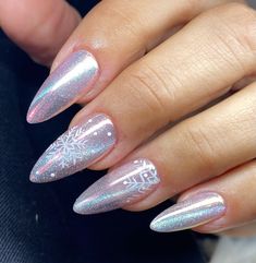 Winter Nail Designs 2024 - 2025: 25 Trendy Ideas for a Stylish Season - Fall Update 2024 Holographic Winter Nails, Frosty Nails Winter Wonderland, Snowflake Stiletto Nails, Holographic Snowflake Nails, 2024 Nails Winter, Silver Holographic Nails, Glitter Snowflake Nails, Winter Glitter Nails, Frosty Nails