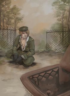 a painting of a man sitting on the ground