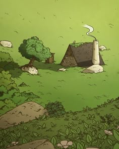 an illustration of a house in the middle of a green field with rocks and trees