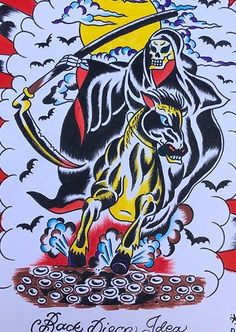 a drawing of a demon riding a bull with an arrow in his hand and the words peace over fear above it