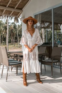 Our fascinating Abigail Lace Maxi Dress in white with its unique lace trims is a fresh and feminine design, created for a relaxed resort feel that will easily see you through sun-drenched days and balmy nights. Specs: Material: 100% Cotton V-neck Beach Dress With Lace Trim, V-neck Beach Dress With Lace Trim As Cover-up, White V-neck Boho Summer Dress, V-neck Vacation Dress With Lace Sleeves, Chic Beach Maxi Dress With Lace Patchwork, White V-neck Boho Dress For Summer, White Cover-up For Brunch During Beach Season, Summer Beach Dress With Lace Patchwork, White V-neck Breezy Cover-up