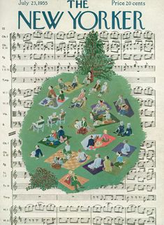 an advertisement for the new yorker, with people sitting on lawns and playing music