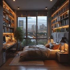 a bedroom with bookshelves, desk and bed in front of a large window