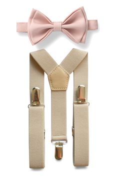 Beige Suspenders & Blush Bow Tie Elegant Fitted Belts And Suspenders With Bow, Classic Adjustable Belts And Suspenders For Party, Classic Adjustable Belts And Suspenders With Bow Tie Back, Adjustable Pink Bow Tie, Classic Adjustable Pink Bow Tie, Quince Clothes, Chambelanes Outfits, Ring Carrier, Wedding Suspenders