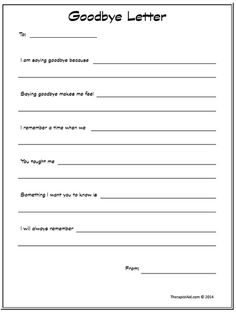 This grief activity involves writing a letter to your deceased loved one using this free letter template. This exercise can be incredibly therapeutic. Therapy Goodbye Activities, Therapy Activity For Adults, Goodbye Template, Termination Activities, Therapy Notebook, Exit Interview, Express Feelings, Counseling Worksheets, Goodbye Letter