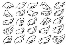 a set of hand drawn angel wings in different shapes and sizes, isolated on a white background