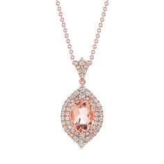 Oval Morganite & Diamond Pendant (24 in) | Shane Co. Fine Jewelry Morganite Ring With Halo Design, Fine Jewelry With Halo Design In Morganite, Morganite Halo Design Jewelry For Formal Occasions, Formal Morganite Halo Jewelry, Elegant Morganite Jewelry With Halo, Elegant Morganite Halo Jewelry, Oval Rose Gold Jewelry With Halo Design, Oval Rose Gold Halo Jewelry, Dazzling Oval Rose Gold Jewelry