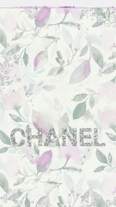 the word chanel is surrounded by pink and green leaves on a white background with silver glitters