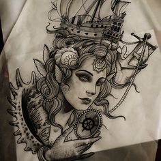 a drawing of a woman with a ship on her head and an anchor in her hand