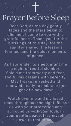 a poem with the words prayer before sleep written in white and black on a dark blue background