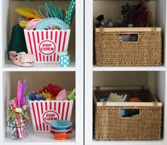 three shelves with baskets and other items in them on top of each shelf are labeled pop corn