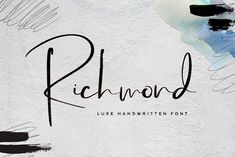 the handwritten rhomond font is shown on a white background with black and blue brush