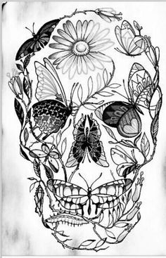 a black and white drawing of a skull with butterflies on it's face, surrounded by flowers