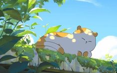 a cartoon cat laying on top of a lush green field next to trees and bushes