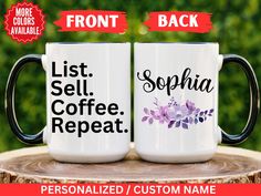 two personalized coffee mugs sitting on top of a tree stump with the words, list