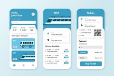 three mobile application screens with boarding information on them, one is blue and the other is white