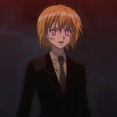 an anime character with red eyes and blonde hair wearing a black suit, standing in front of a dark background