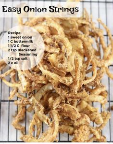 the recipe for easy onion strings is shown on a wire rack