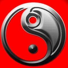 a silver and red yin sign on a red background