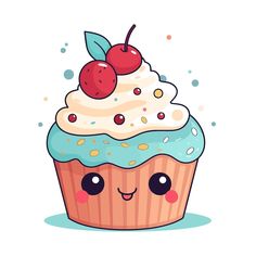 a cartoon cupcake with whipped cream, cherries and sprinkles on top