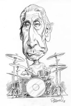 a caricature drawing of an older man with glasses on his head and drums in front of him