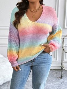 Plus Size Rainbow Color Knit Pullover Sweater Multicolor Casual  Long Sleeve Fabric Ombre,All Over Print Pullovers Slight Stretch  Women Plus Clothing, size features are:Bust: ,Length: ,Sleeve Length: Plus Size Pullover, Sweater Tops, Leopard Print Sweater, Oversized Pullover, Plus Size Sweaters, Rainbow Color, Knit Pullover, Knitted Pullover Sweaters, Kids Sleepwear