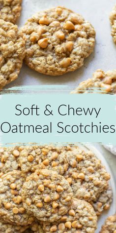 soft and chewy oatmeal cookies on a baking sheet with text overlay