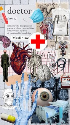 an image of medical collage with doctors and other things in the background, including a red cross