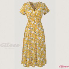 Qteee - Printed Short Sleeve Chiffon Beach Dress with Peter Pan Collar Casual Multicolor Maxi Dress With Ditsy Floral Print, Yellow Ditsy Floral Print Beach Dress, Casual Floral Printed Dress For Day Out, Yellow Ditsy Floral Beach Dress, Casual Multicolor Floral Beach Dress, Casual Multicolor Floral Dress For Vacation, Yellow Floral Summer Dress For The Beach, Yellow Floral Summer Dress For Beach, Casual Flowy Floral Dress