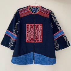 Blue And Red Ethnic Tribal Print Jacket Size L Zip Closures, 3/4 Sleeves, Structured Fit, Embroidered Details On Shoulders Great Condition, Only Flaw Consists Of Loose Thread Shown On Last Picture Brand: Prabu By Yangke (Tagged Farm Rio Because Brand Isn't Listed) Tags Farm Rio, Johanna Ortiz, Zimmermann, Diane Von Furstenberg, Ulla Johnson, Etro, Pucci, Ganni Boho, Ethnic, Couture, Vintage, Quilted Jackets, Paisley, Laura Ashley, Sea Blue Folk Style Outerwear For Fall, Folk Style Blue Outerwear For Fall, Blue Folk Style Fall Outerwear, Blue Folk Style Embroidered Outerwear, Blue Folk Embroidered Outerwear, Casual Long Sleeve Festive Outerwear, Traditional Blue Tops For Fall, Casual Festive Outerwear, Festive Long Sleeve Casual Outerwear