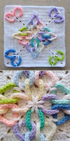 crocheted doily with multicolored flowers on it and another photo of the pattern