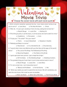 valentine's movie trivia with the words, which are in red and gold