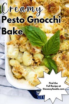 creamy pesto gnocchi bake with basil leaves on top and text overlay