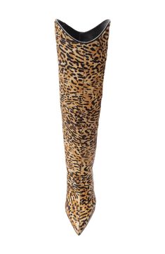 Make a bold, modern statement in this sleek stiletto boot fashioned from leopard-spotted calf hair. 4" heel (size 8.5) 14" shaft; 12 1/2" calf circumference Genuine calf-hair (Brazil) upper/leather lining and sole Imported Chic High Heel Leopard Print Boots, Chic Leopard Print High Heel Boots, Trendy Shoes Sneakers, Tall Boot, Calf Hair, Trendy Shoes, Personal Shopper, Tall Boots, Fashion Boots