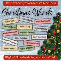 a christmas tree with labels on it and the words,'24 phrases provided in 5 colors