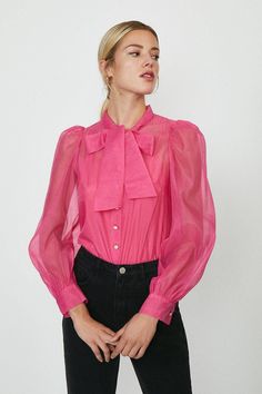 Tie Neck Organza Long Sleeve Top Organza Tops, Knotted Blouse, Latest Tops, Bow Blouse, Pink Tie, Pink Ties, Top Knot, Tie Neck, Quick Delivery