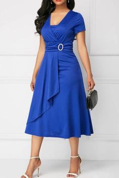 Blue Casual Solid Patchwork V Neck A Line Dresses_Casual Dresses_KnowFashionStyle | Wholesale Shoes,Wholesale Clothing, Cheap Clothes,Cheap Shoes Online. - KnowFashionStyle.com Tie Waist Maxi Dress, Fashion Gowns, Midi Dress Party, Midi Dress Summer, Retro Women, Hem Dress, Black Casual, V Neck Dress, Asymmetric Hem