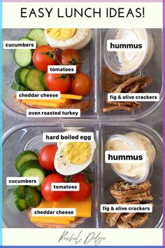 four plastic containers filled with different types of food and the words, easy lunch ideas