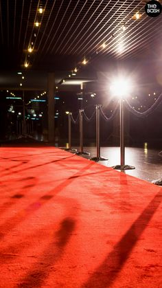 the red carpet is lined up with metal poles and lights in the background, as well as an empty parking lot