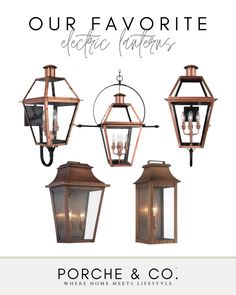 four copper lanterns with the words our favorite electric lanternes