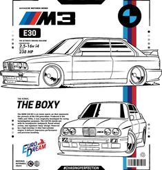 an advertisement for the bmw e36 coupe car, with two different cars on it