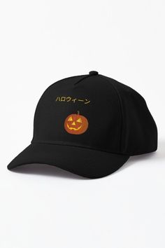 Halloween baseball cap with a pumpkin and the word 'halloween' written in Japanese hiragana. Smiling Pumpkin, Japanese Hiragana, Japanese Text, A Cap, Inspired Fashion