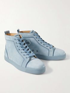 Shop CHRISTIAN LOUBOUTIN Louis Orlato Grosgrain-Trimmed Suede High-Top Sneakers, Explore the latest in-season CHRISTIAN LOUBOUTIN collection today on MR PORTER Louboutin Collection, Christian Louboutin Shoes Sneakers, Rubber Sneakers, Leather High Tops, Sneakers For Men, Latest Sneakers, Suede Sneakers, Blue Suede, Mr Porter