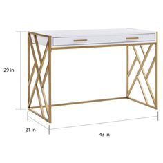 the golden and white desk is shown with measurements