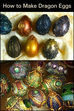 an assortment of different colored eggs sitting on top of a wooden table with the words how to make dragon eggs